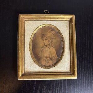 Antique Framed 'Virginia' Girl Portrait Plaster Plaque Wall Art 7.5" x 6.5"
